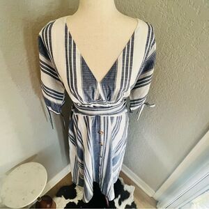 June & Hudson Tie Sleeve Striped Midi Dress,‎ Blue/White, Size XL, NWOT